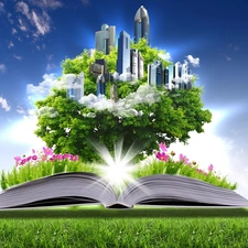 skyscrapers, clouds, Flowers, trees, Book