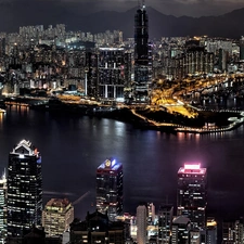 skyscrapers, clouds, night, buildings, town