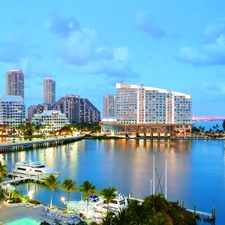 skyscrapers, Harbour, Town, Miami, illuminated