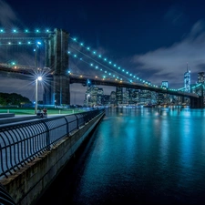 skyscrapers, Floodlit, Night, New York, Brooklyn, bridge