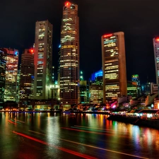 town, Night, Asia, Singapur, skyscrapers, View
