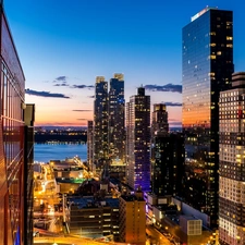 River, Great Sunsets, USA, skyscrapers, New York