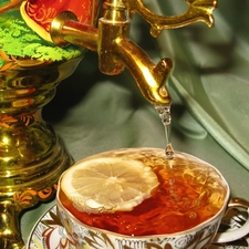 slice, lemons, cup, tea, samovar