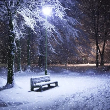 snow, winter, Bench