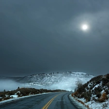 moon, Mountains, snow, Way