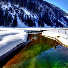 Mountains, River, snow, Coloured