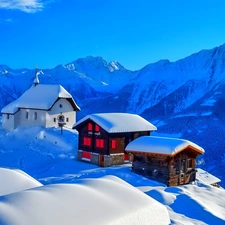 Snowy, Houses, Mountains, church, winter