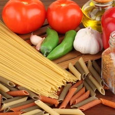 Pasta, pepper, spice, tomatoes