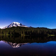 Starry, reflection, woods, lake, Mountains