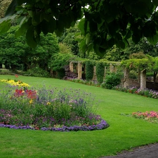 stone, Buldings, lane, Flower-beds, Park