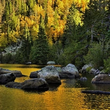 Stones, autumn, Mountains, woods, River