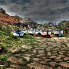 boats, Way, Stones, Houses