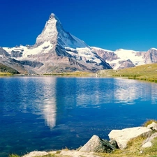 Stones, lake, Mountains