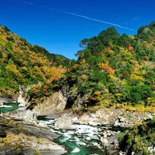 River, woods, Stones, Mountains