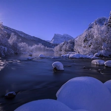 River, east, trees, sun, Mountains, Stones, viewes