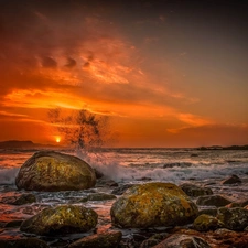 Stones, Waves, sun, sea, west