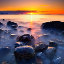 west, sea, Stones, sun