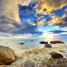 west, sea, Stones, sun