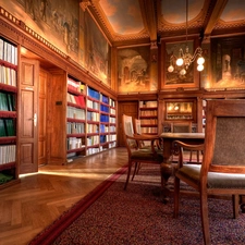 Stool, paintings, shelves, Books, reading room