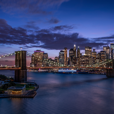 skyscrapers, dawn, The United States, East River Strait, Manhattan, Brooklyn Bridge, Brooklyn Bridge, New York