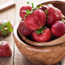 strawberries, wood, Bowls