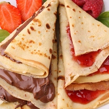 pancakes, chocolate, strawberries, Jam