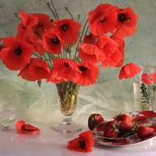 Red, glass, strawberries, papavers