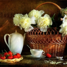 wicker, Peonies, strawberries, basket