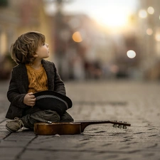 violin, Street, boy, Hat, sitter