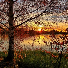 sun, autumn, clouds, west, lake