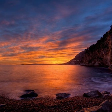 sun, cliff, Stones, west, sea