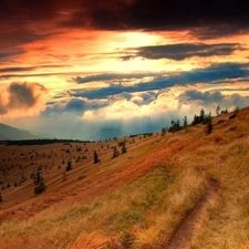 sun, clouds, Valley, west, Mountains