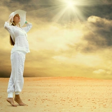 Desert, Women, sun, clouds, rays, Hat