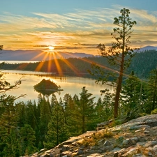 lake, rays, sun, forest