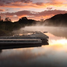 lake, west, sun, Fog