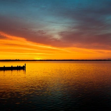 lake, west, sun, pier