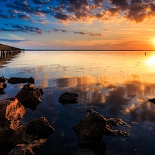 lake, west, sun, Stones