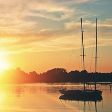 lake, west, sun, Yacht