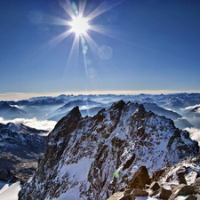 sun, peaks, Mountains