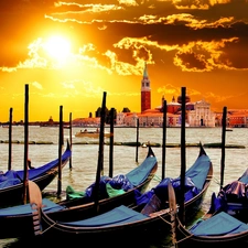 west, buildings, Venice, clouds, Gondolas, sun, panorama