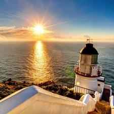 sun, sea, maritime, west, Lighthouse