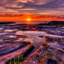 sea, west, sun, Stones