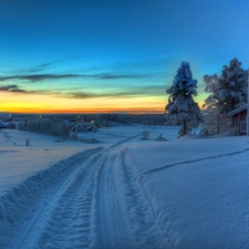 viewes, Home, sun, snow, west, trees