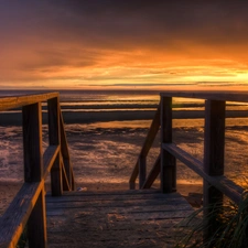 sun, Stairs, Beaches, west, sea