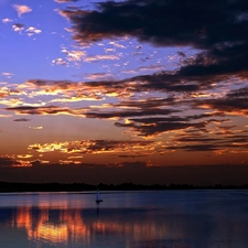 sun, Yacht, lake, west, clouds