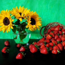 basket, bouquet, sunflowers, strawberries