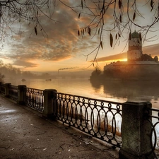 Fog, boulevard, Sunrise, autumn, Buldings, River