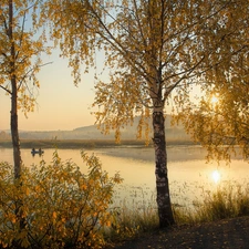 Boat, autumn, birch, Sunrise, Fishermen, lake