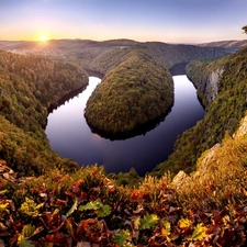 Sunrise, woods, River