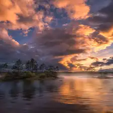 trees, Ringerike, clouds, lake, Norway, viewes, Great Sunsets